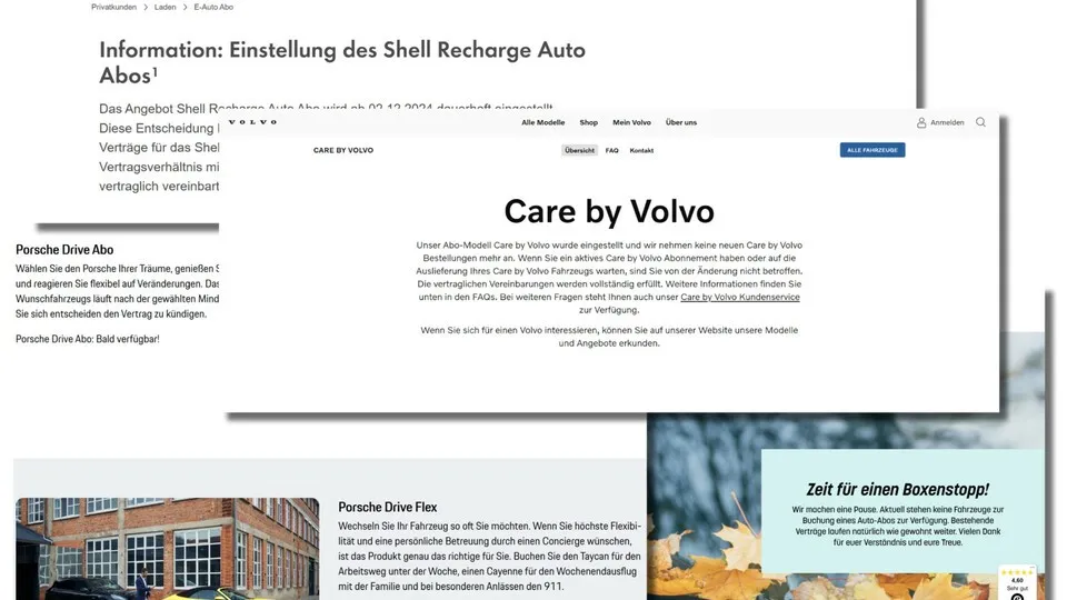 Eingestellt, beendet, nicht verfügbar: Diverse Auto-Abo-Angebote, egal ob von Herstellern oder Dienstleistern, sind nicht mehr aktiv, wie Hinweise auf den Webseiten zeigen. Wie also steht es um das kurzzeitig gefeierte neue Geschäftsmodell und wer ist noch im Rennen?