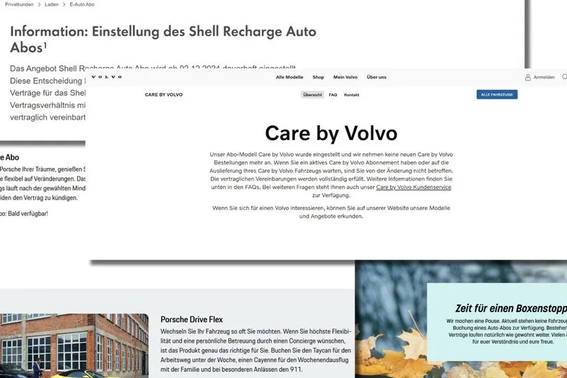 Eingestellt, beendet, nicht verfügbar: Diverse Auto-Abo-Angebote, egal ob von Herstellern oder Dienstleistern, sind nicht mehr aktiv, wie Hinweise auf den Webseiten zeigen. Wie also steht es um das kurzzeitig gefeierte neue Geschäftsmodell und wer ist noch im Rennen?