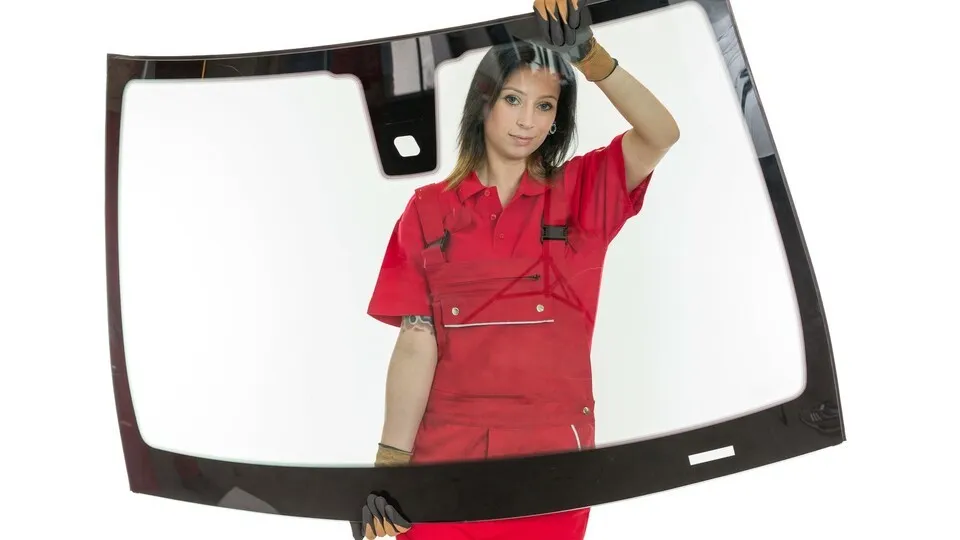 Frau hält Windschutzscheibe
Worker glazier's workshop with car windscreen or windshield isolated in front of white background