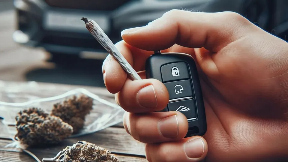 Schlüssel mit Joint vorm Auto: Symbol für die Diskussion um Cannabis und Verkehrssicherheit in Deutschland (KI-generated).