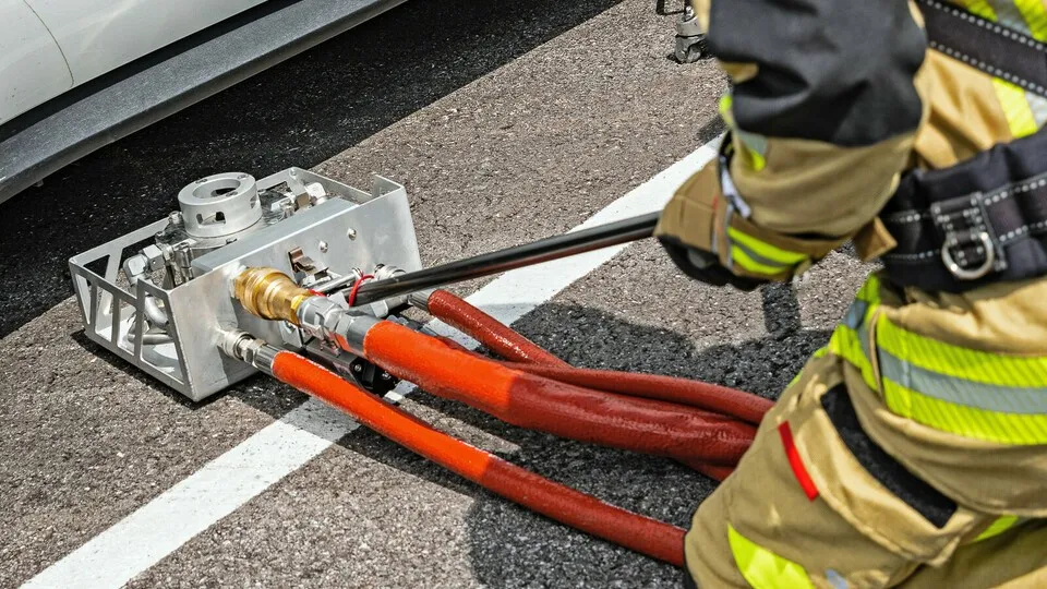 Der Löschdorn wird unter das brennende E-Auto geschoben und kühlt den Akku von innen.