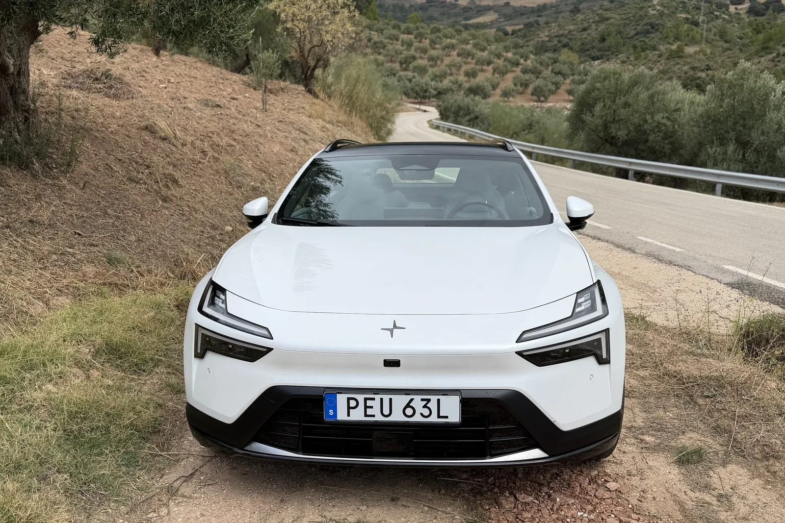 Der Polestar stehend im Gelände von vorne.