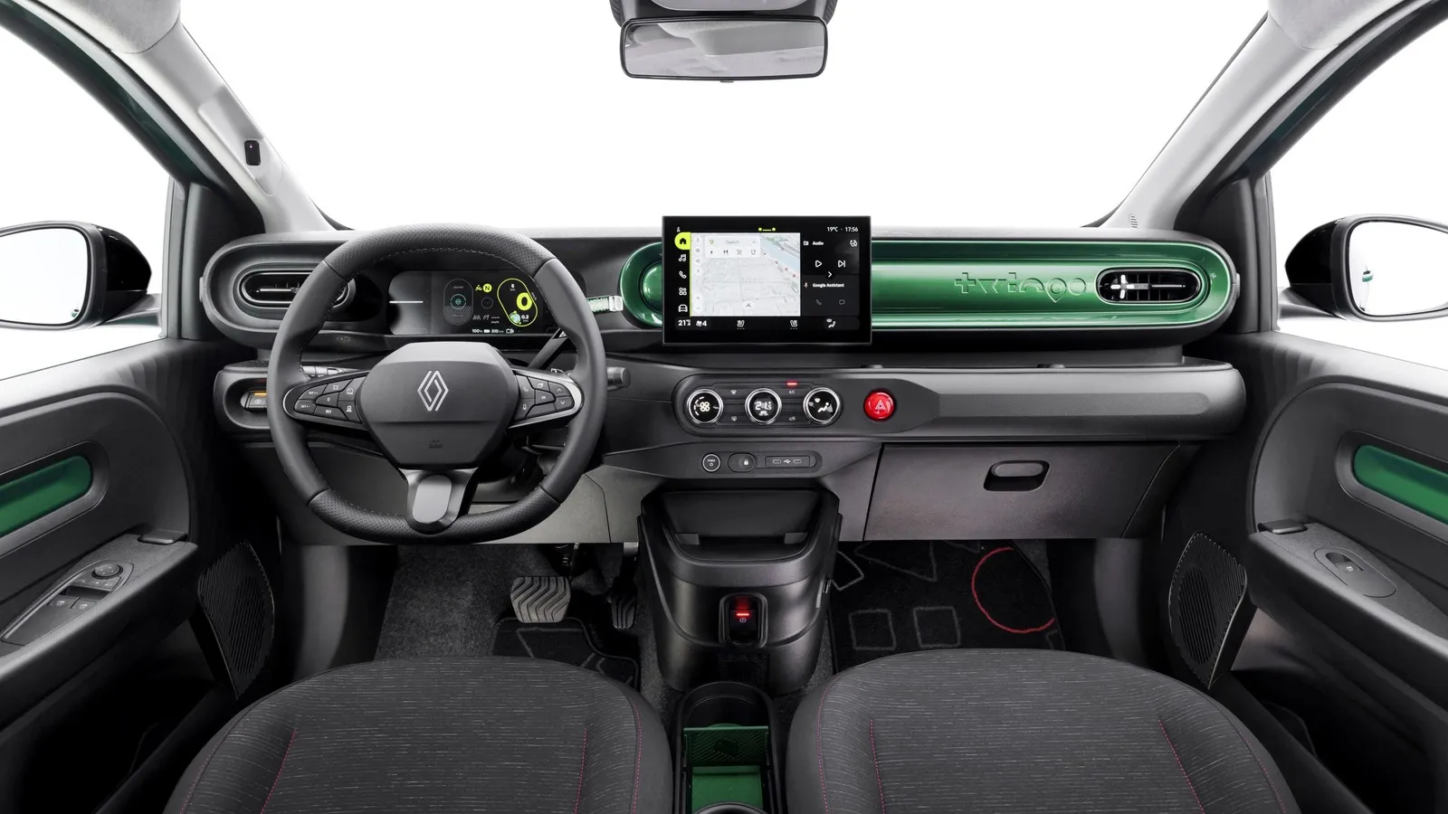 Innenraum des Renault Twingo Electric mit digitalem Cockpit, Touchscreen und grünem Armaturenbrett.
