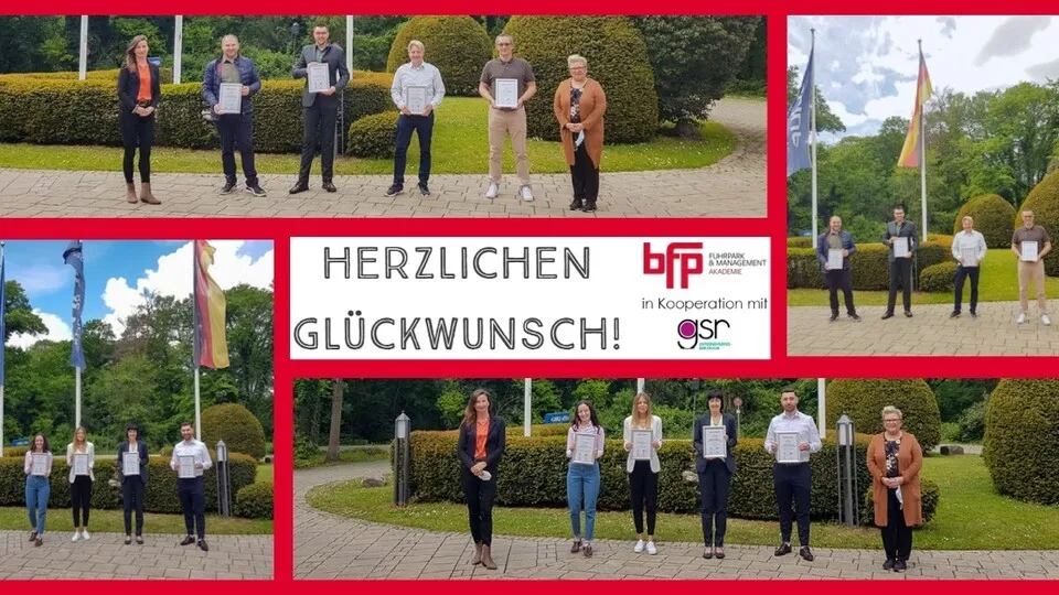 Glückliche Absolventen der neuen bfp AKADEMIE präsentieren ihre Zertifikate: Unter Einhaltung der höchsten Hygienevorschriften fand die Prüfung zum zertifizierten Fuhrpark- und Mobilitätsmanager statt.