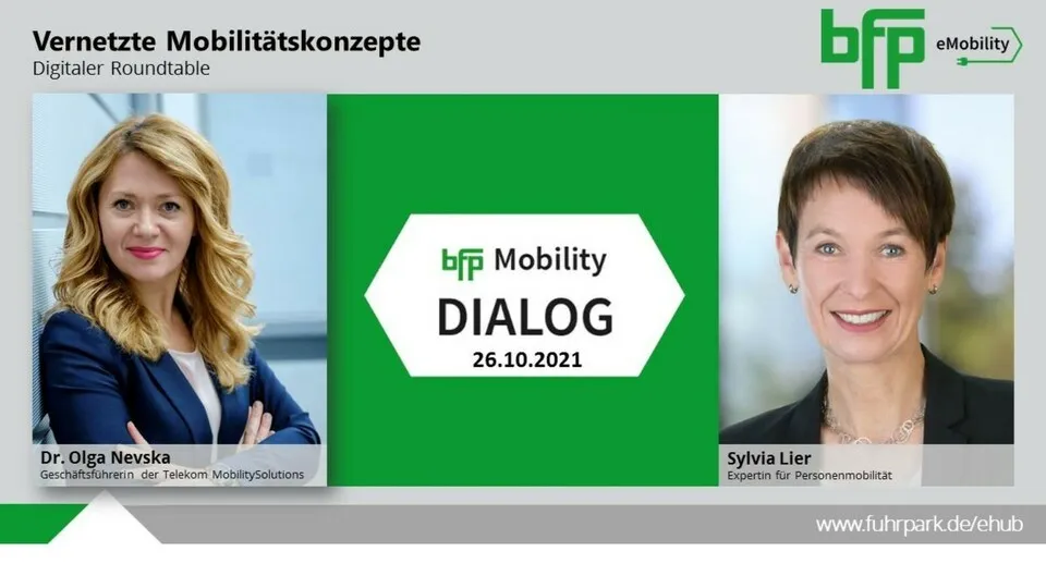 Beim 2. bfp Mobility DIALOG stand das Thema vernetzte Mobilitätskonzepte  im Mittelpunkt.  Mobilitätsexpertinnen Sylvia Lier (rechts) und Dr. Olga Nevska (Geschäftsführerin Telekom Mobility Solutions) sowie bfp-Chefredakteur Clemens Noll-Velten sprachen über den Wandel der betrieblichen Mobilität und die Auswirkungen auf den Job des Fuhrparkverantwortlichen