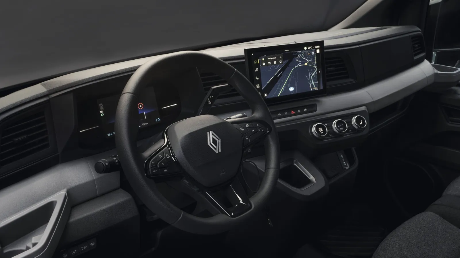 S-förmiges Cockpit im neuen Renault Master, 10-Zoll-Touchscreen und Automatikwählhebel am Lenkrad für mehr Platz.