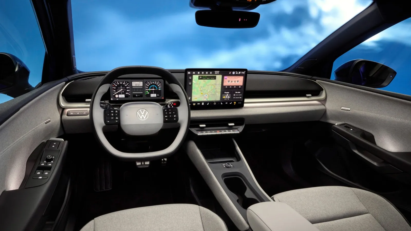 Blick ins neue Cockpit des ID. Polo: Zwei große Displays, eine horizontale Architektur und wieder mehr physische Bedienelemente prägen den Innenraum.