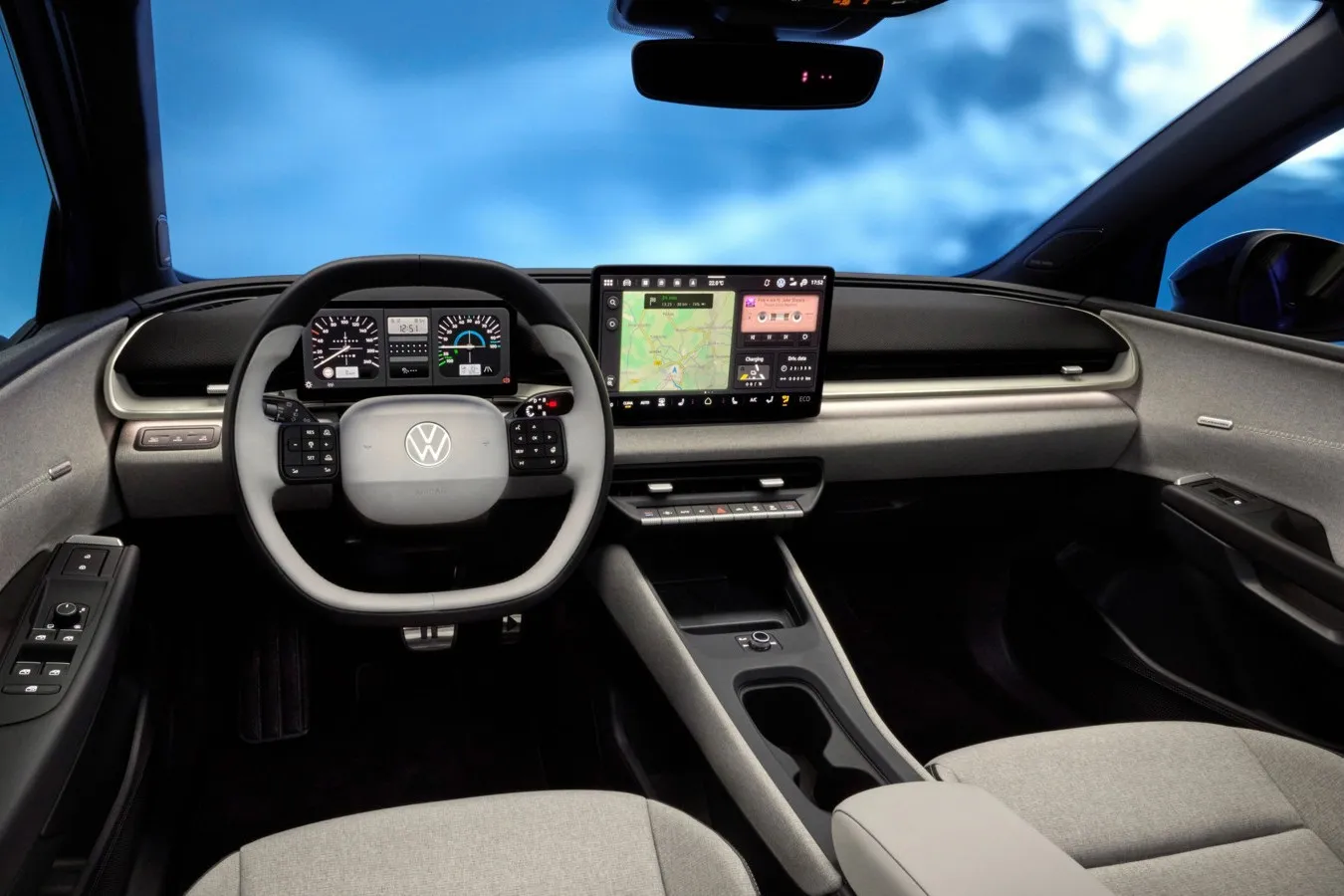 Blick ins neue Cockpit des ID. Polo: Zwei große Displays, eine horizontale Architektur und wieder mehr physische Bedienelemente prägen den Innenraum.