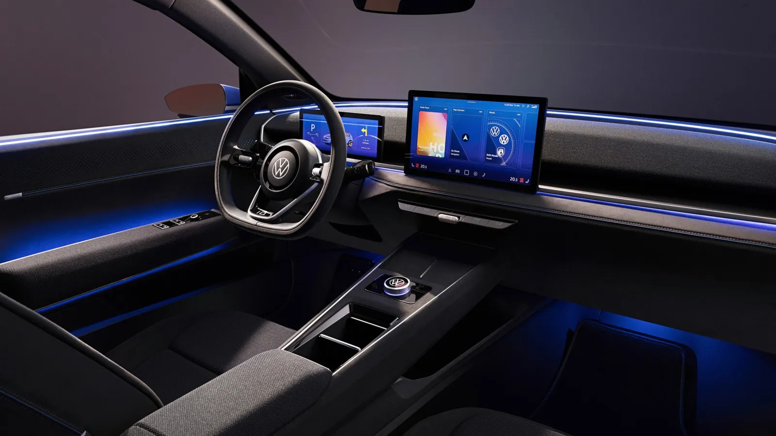 Das Interieur prägen zwei große Monitore, mit einem separaten Klima-Bedienteil will VW für bessere Ergonomie sorgen.
